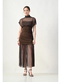 ANNY - Women Brown High-Neck Sheer Dress