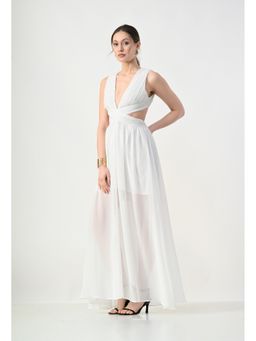 ANNY - Women Off White Pleated Cross-Waist Dress
