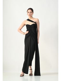ANNY - Women Black Asymmetric Strap Sash Detail Dress