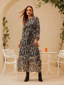 STREET 9 - Women Black Animal Printed Dress with Belt