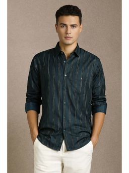 Louis Philippe - Men Green Stripe Full Sleeves Casual Shirt