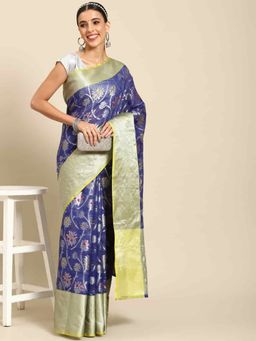 Silk Land - Womens Brocade Soft Silk Navy Blue Zari Woven Saree with Unstitched Blouse