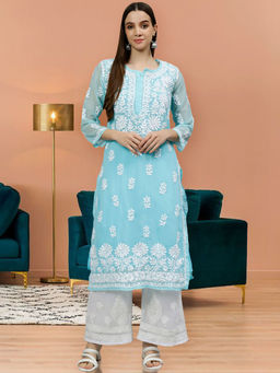 Seva Chikan - Hand Embroidered Blue Georgette Lucknowi Chikankari Kurta With Inner (Set of 2)