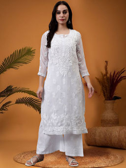 Seva Chikan - Hand Embroidered White Georgette Lucknowi Chikankari Kurta With Inner (Set of 2)