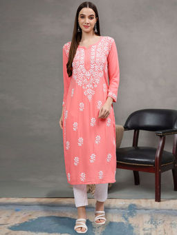 Seva Chikan - Hand Embroidered Peach Rayon Lucknowi Chikankari Kurta