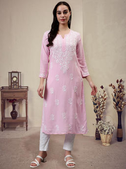 Seva Chikan - Hand Embroidered Pink Rayon Lucknowi Chikankari Kurta