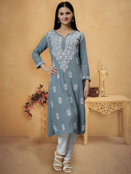 Seva Chikan - Hand Embroidered Grey Rayon Lucknowi Chikankari Kurta