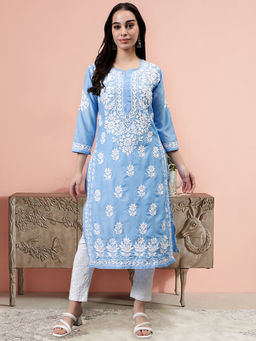 Seva Chikan - Hand Embroidered Blue Muslin Lucknowi Chikankari Kurta