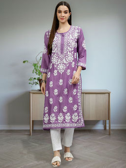 Seva Chikan - Hand Embroidered Mauve Muslin Lucknowi Chikankari Kurta