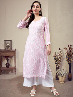 Seva Chikan - Hand Embroidered Pink Modal Lucknowi Chikankari Kurta