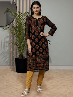 Seva Chikan - Hand Embroidered Black Georgette Kurta With Pant & Slip (Set of 3)
