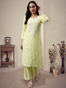 Seva Chikan - Hand Embroidered Lemon Rayon Kurta With Pant (Set of 2)