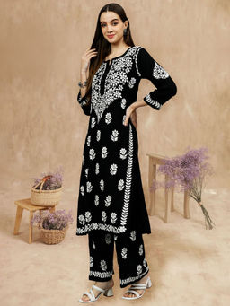 Seva Chikan - Hand Embroidered Black Rayon Kurta With Pant (Set of 2)