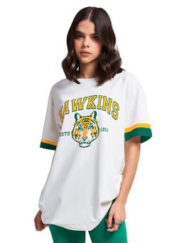 The Souled Store - Stranger Things White Team Hawkins Boyfriend T-Shirt for Women