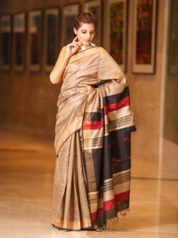 Beatitude - Beige Shade Handwoven Desi Tussar Silk Saree Unstitched Blouse