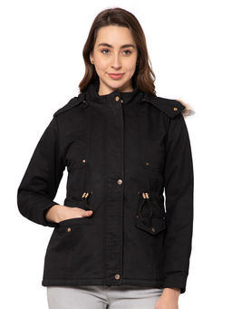 Cantabil - Women Black Solid Casual Winter Wear Jacket