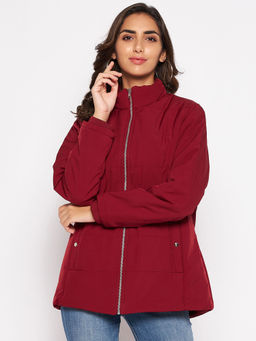 Cantabil - Women Maroon Solid Casual Winter Wear Jacket