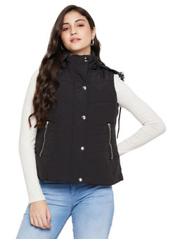 Cantabil - Women Black Solid Casual Winter Wear Jacket