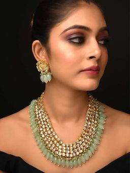AG'S - Golden Coloured Pachi Kundan Long Necklace Set With Mint Green Drops