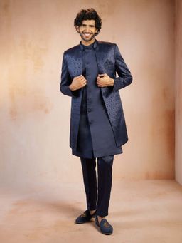Vastramay - Men Navy Blue Self Design Jacquard Silk Blend Sherwani Jacket With Kurta & Pant