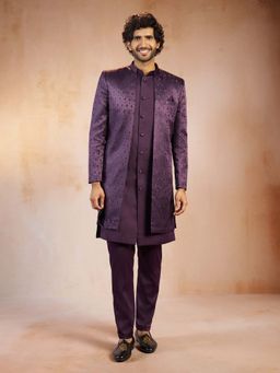 Vastramay - Men Purple Self Design Jacquard Silk Blend Sherwani Jacket With Kurta & Pant