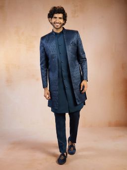 Vastramay - Men Teal Self Design Jacquard Silk Blend Sherwani Jacket With Kurta & Pant