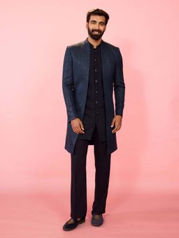 Vastramay - Men Teal Jacquard Silk Blend Navy Blue Kurta With Pant & Sherwani