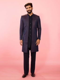 Vastramay - Men Purple Jacquard Silk Blend Navy Blue Kurta With Pant & Sherwani