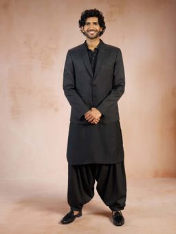 Vastramay - Men Black Solid Imported Suiting Blazer With Kurta And Patiala Salwar