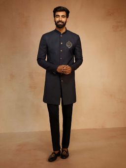 Vastramay - Men Navy Blue Solid Sequin Zardozi Indo-Western Sherwani With Pant