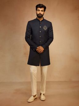Vastramay - Men Navy Blue Solid Sequin Zardozi Indo-Western Sherwani With Pant