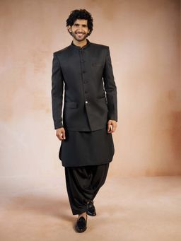 Vastramay - Men Black Solid Jute Jodhpuri Blazer With Kurta & Patiala Salwar