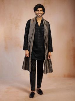 Vastramay - Men Black Velvet Sequin Long Grey Kurta With Pant & Dupatta