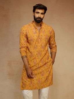 Vastramay - Men Mustard Zari Embroidered Digital Print Silk Blend Long Kurta