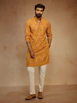 Vastramay - Men Mustard Zari Embroidered Digital Print Silk Blend Long Kurta With Pyjama