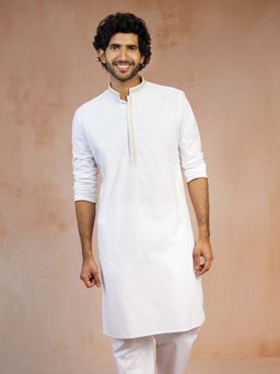 Vastramay - Men White Thread Embroidered Cotton Long Kurta