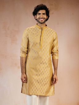 Vastramay - Men Gold Embroidered Silk Blend Jacquard Long Kurta