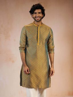 Vastramay - Men Turquoise Jacquard Thread Embroidered Silk Blend Straight Kurta