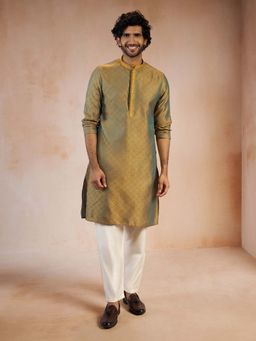 Vastramay - Men Turquoise Silk Blend Jacquard Thread Long Kurta With Pyjama