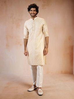 Vastramay - Men Beige Silk Blend Jacquard Thread Embroidered Long Kurta With Pyjama
