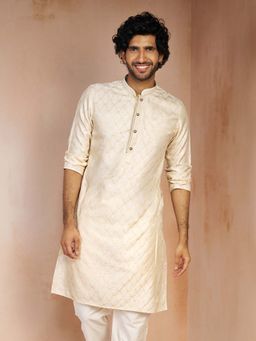 Vastramay - Men Cream Jacquard Thread Embroidered Silk Blend Straight Kurta