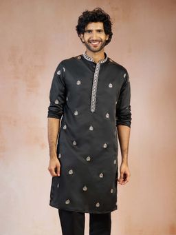 Vastramay - Men Black Embroidered Silk Blend Jacquard Long Kurta