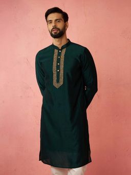 Vastramay - Vichitra Silk Green Embroidered Kurta For Men
