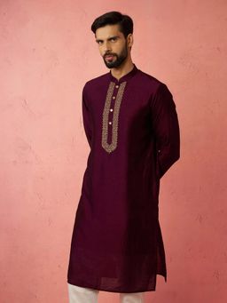 Vastramay - Vichitra Silk Wine Embroidered Kurta For Men