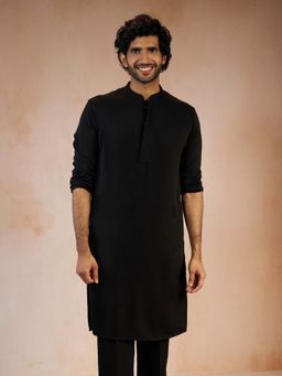 Vastramay - Men Black Solid Imported Suiting Long Kurta