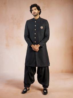 Vastramay - Men Black Jacquard Silk Sherwani With Silk Kurta & Patiala Salwar