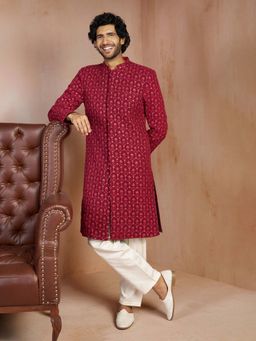 Vastramay - Men Maroon Sequin Embroidered Georgette Sherwani With Pant