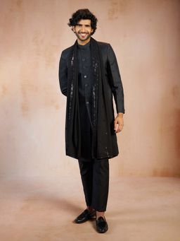 Vastramay - Men Black Jacquard Silk Blend Sherwani With Pant & Velvet Dupatta