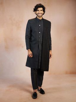 Vastramay - Men Black Jacquard Silk Blend Sherwani With Pant & Velvet Dupatta