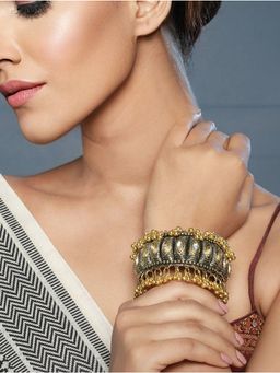 Priyaasi - Oxidised Bold Studded Leaf Gold-Plated Ghungroo Bracelet